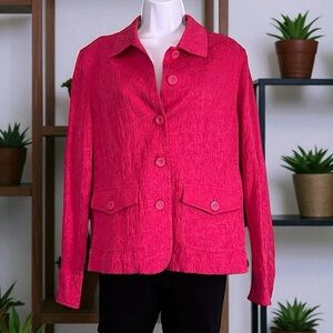 Coldwater Creek Jacket Blazer. Pink w/Green Trim. Textured Cloth Unlined.